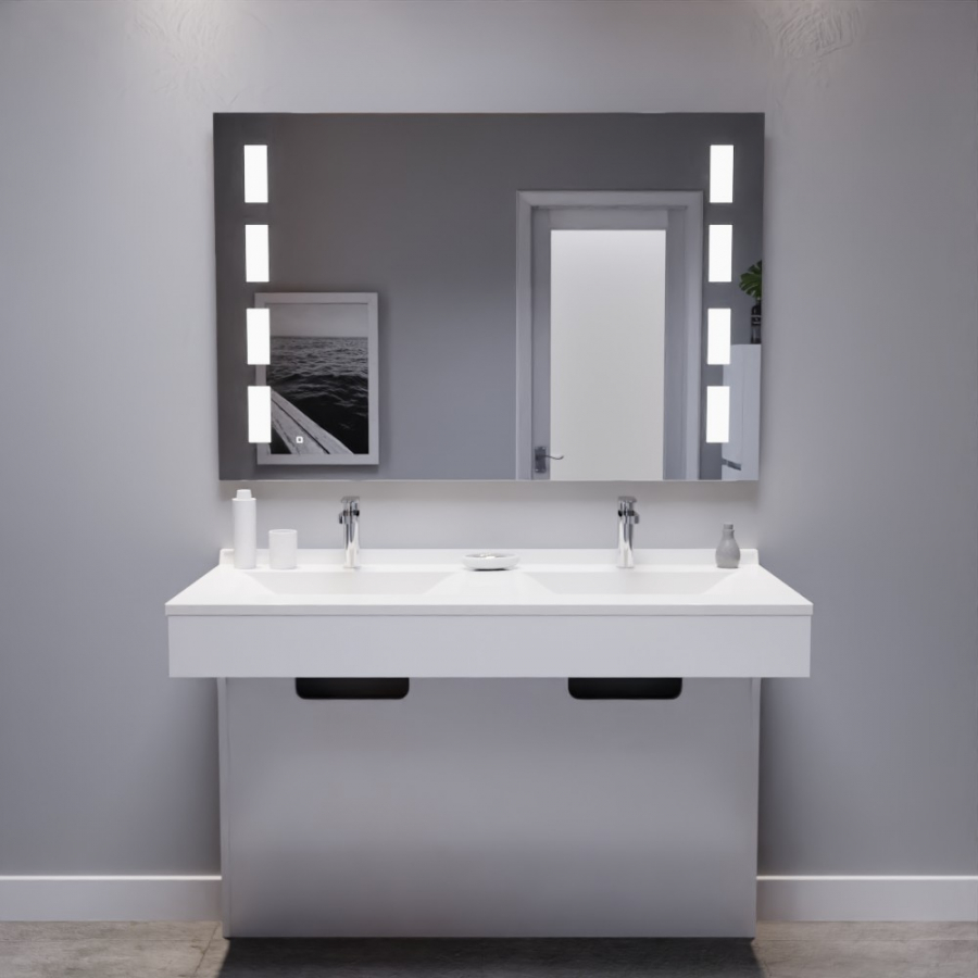 Ensemble meuble double vasque 120 cm ECOLINE PMR avec plan vasque en résine et miroir LED Prestige