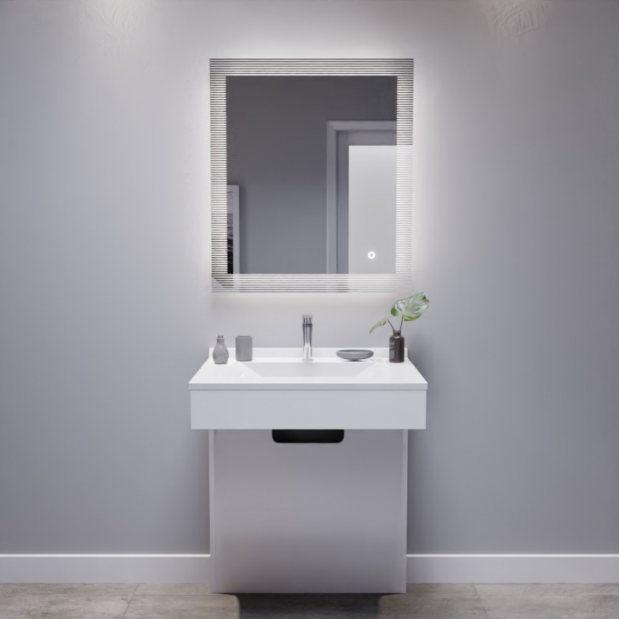Ensemble de salle de bain avec meuble adapté PMR collection EPURE blanc brillant 70 cm de largeur plan vasque blanc et miroir LED collection Cadrea avec contours striés