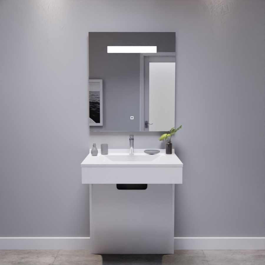 Ensemble de salle de bain avec meuble adapté PMR collection EPURE blanc brillant 70 cm de largeur plan vasque blanc et miroir LED collection Elégance 