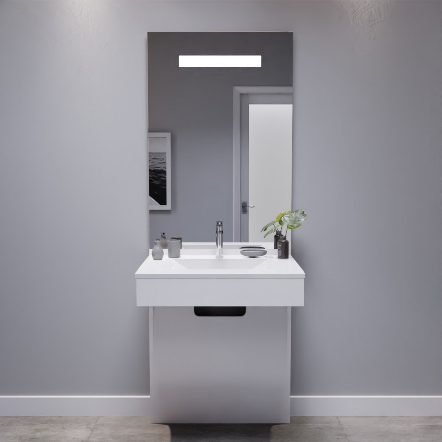 Ensemble de salle de bain avec meuble adapté PMR collection EPURE blanc brillant 70 cm de largeur plan vasque blanc et miroir LED collection Elégance grande hauteur