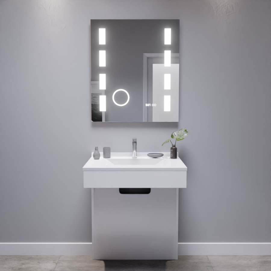 Ensemble de salle de bain avec meuble adapté PMR collection EPURE blanc brillant 70 cm de largeur plan vasque blanc et miroir LED collection Excellence