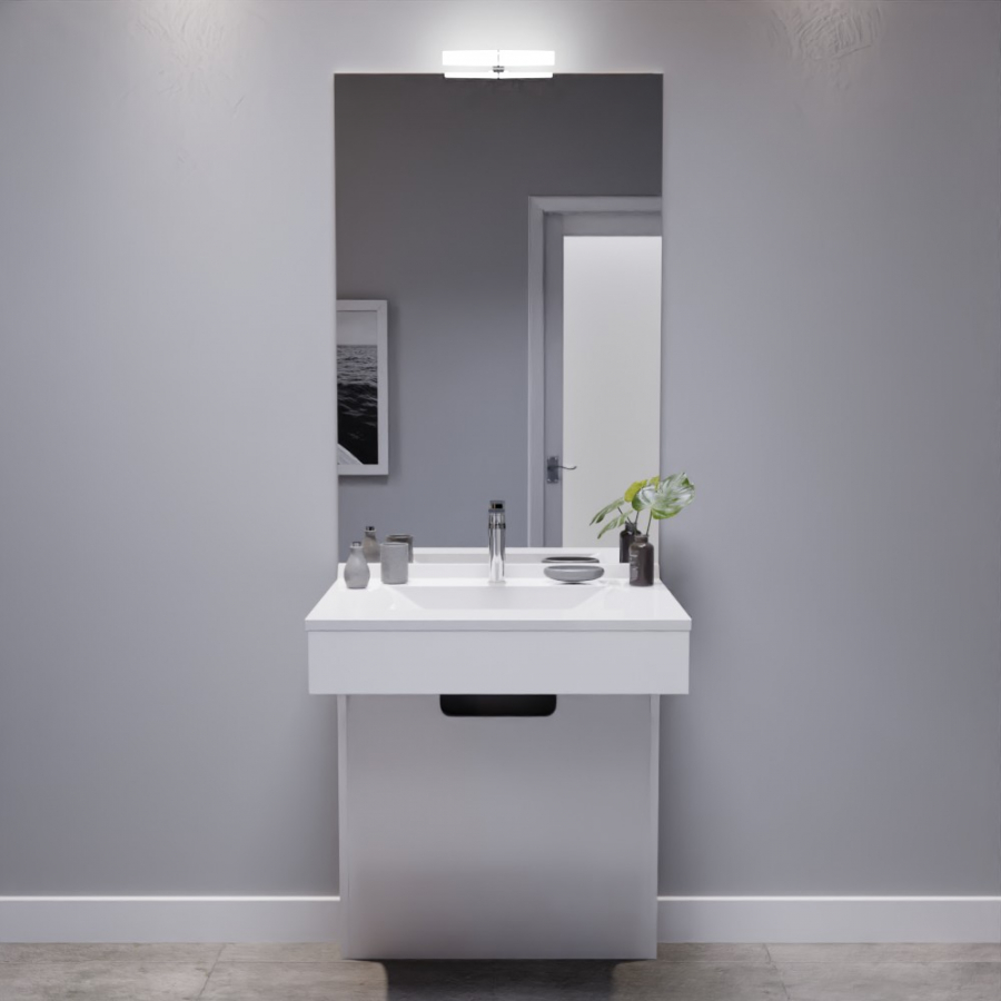 Ensemble de salle de bain avec meuble adapté PMR collection EPURE blanc brillant 70 cm de largeur plan vasque blanc et miroir avec applique LED collection Mircoline