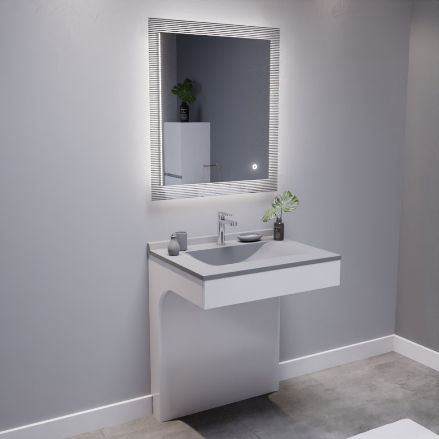 Ensemble de salle de bain avec meuble adapté PMR collection EPURE blanc brillant 70 cm de largeur plan vasque gris et miroir LED collection Cadrea avec contour striés