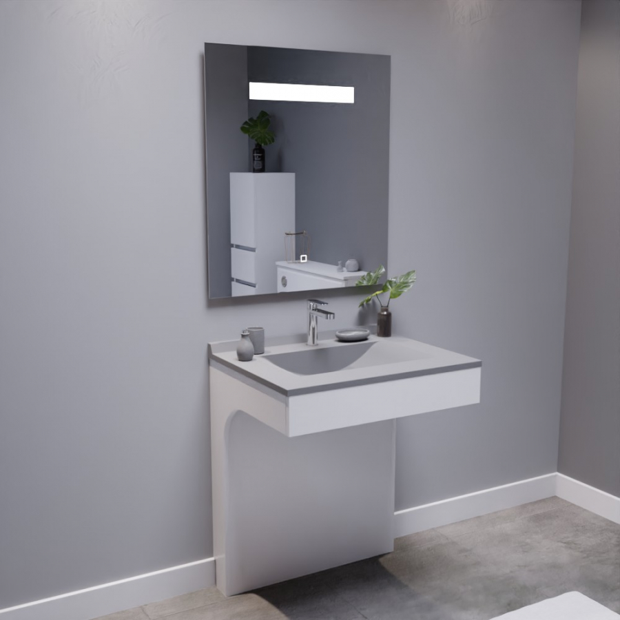 Ensemble de salle de bain avec meuble adapté PMR collection EPURE blanc brillant 70 cm de largeur plan vasque gris et miroir LED collection Elegance