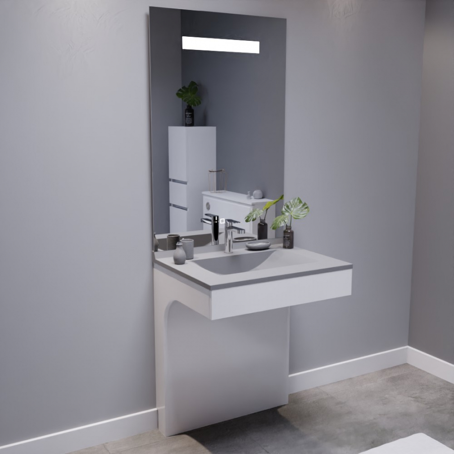 Ensemble de salle de bain avec meuble adapté PMR collection EPURE blanc brillant 70 cm de largeur plan vasque gris et miroir LED collection Elegance grande hauteur