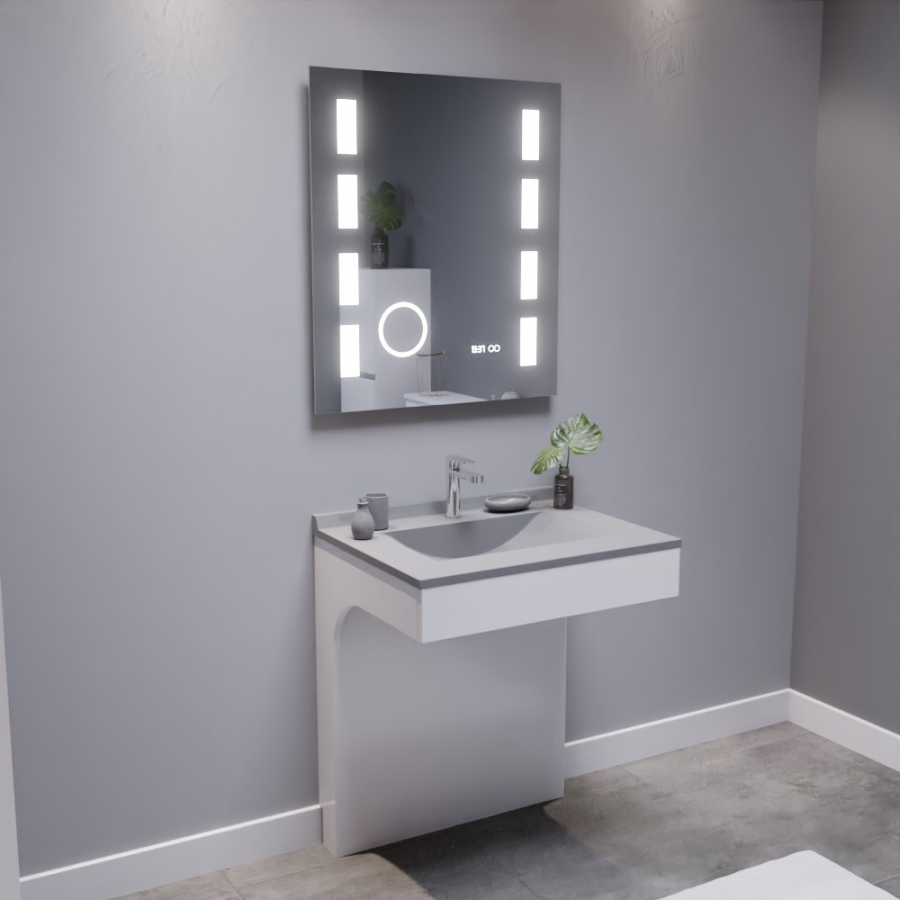 Ensemble de salle de bain avec meuble adapté PMR collection EPURE blanc brillant 70 cm de largeur plan vasque gris et miroir LED collection Excellence