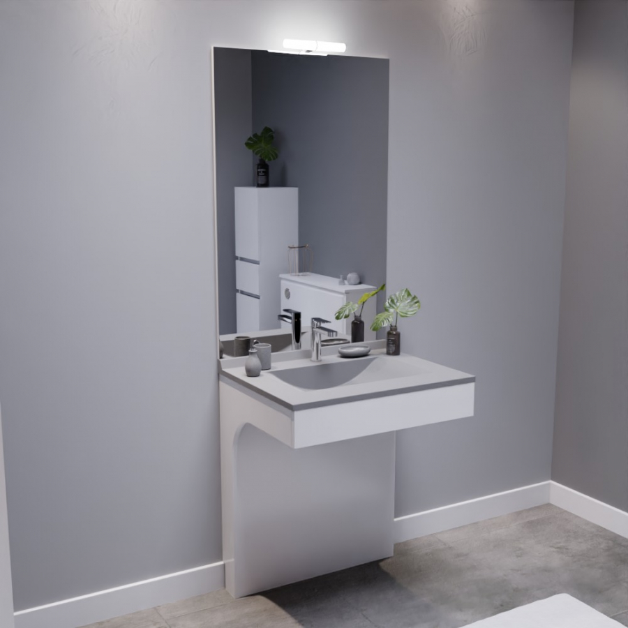 Ensemble de salle de bain avec meuble adapté PMR collection EPURE blanc brillant 70 cm de largeur plan vasque gris et miroir avec applique LED collection mircoline