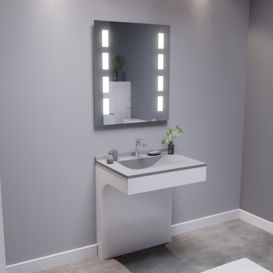 Ensemble de salle de bain avec meuble adapté PMR collection EPURE blanc brillant 70 cm de largeur plan vasque gris et miroir LED Prestige