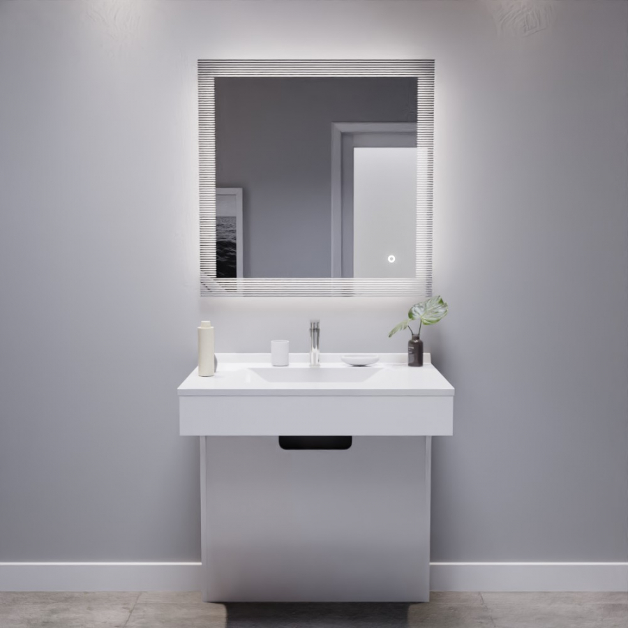Ensemble de salle de bain avec meuble adapté PMR collection EPURE blanc brillant 80 cm de largeur plan simple vasque blanc et miroir LED collection Cadréa
