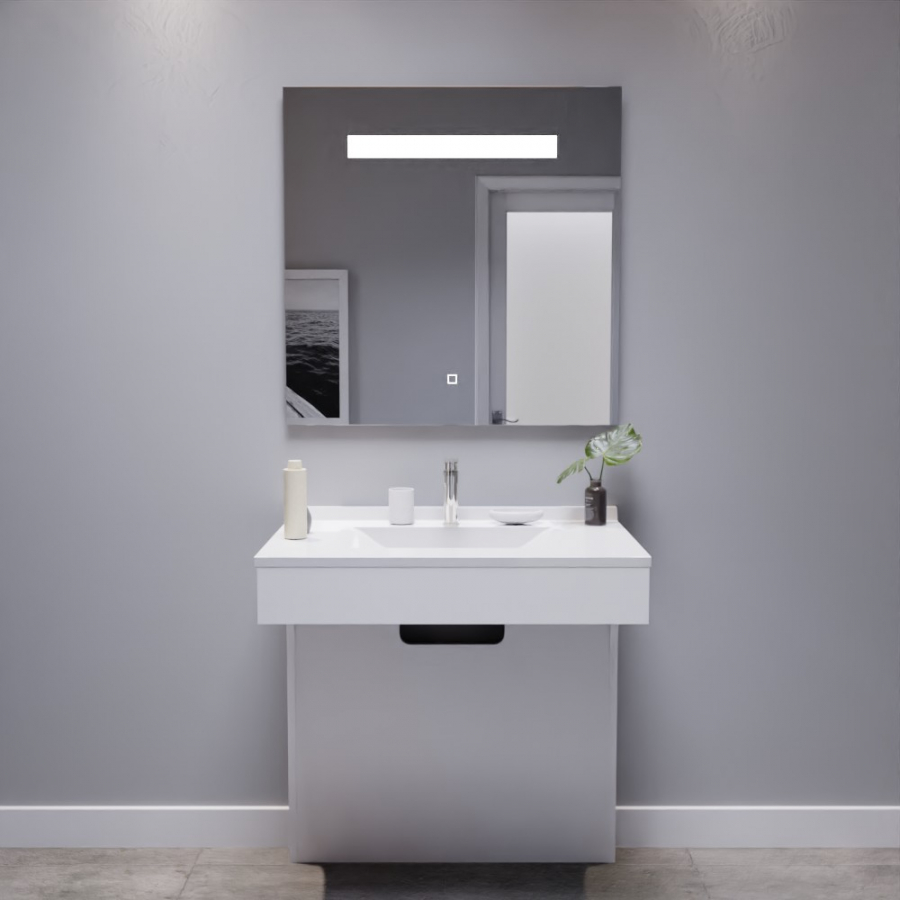 Ensemble de salle de bain avec meuble adapté PMR collection EPURE blanc brillant 80 cm de largeur plan simple vasque blanc et miroir LED collection Elégance