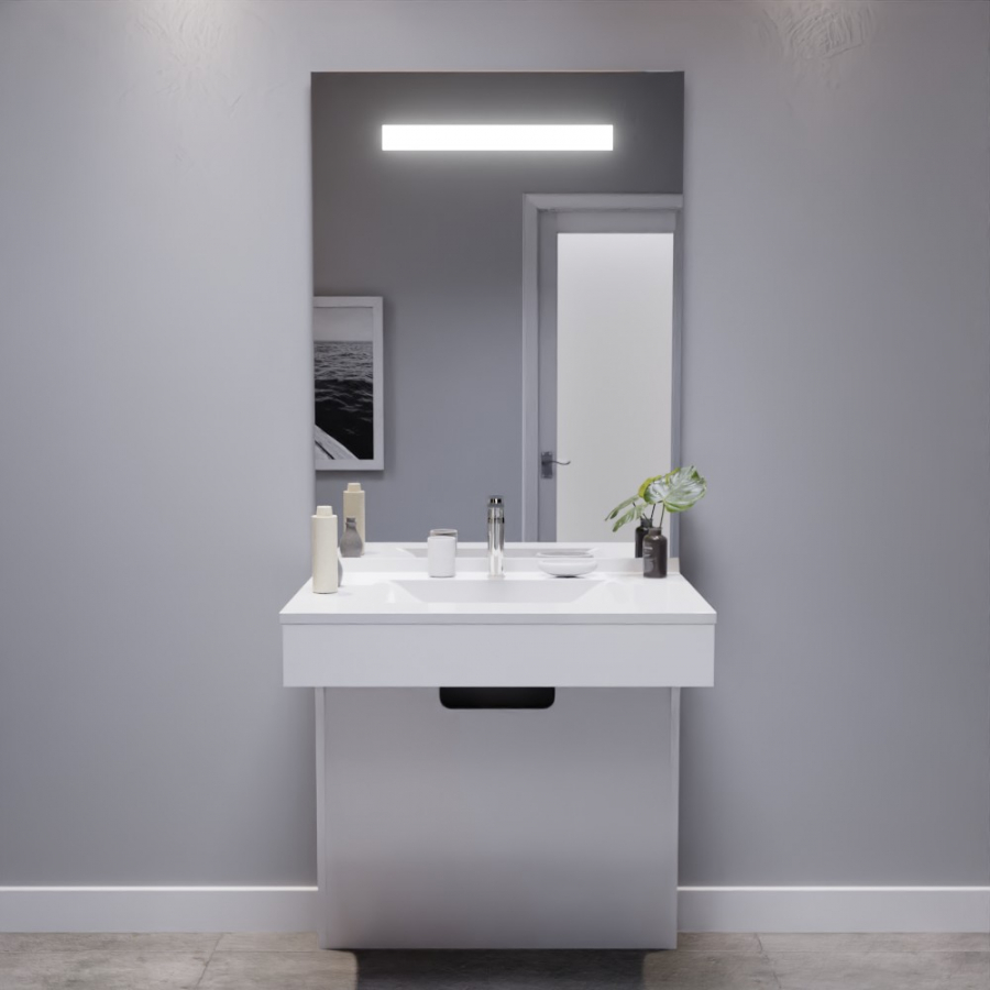 Ensemble de salle de bain avec meuble adapté PMR collection EPURE blanc brillant 80 cm de largeur plan simple vasque blanc et miroir LED collection Elégance hauteur 105 cm