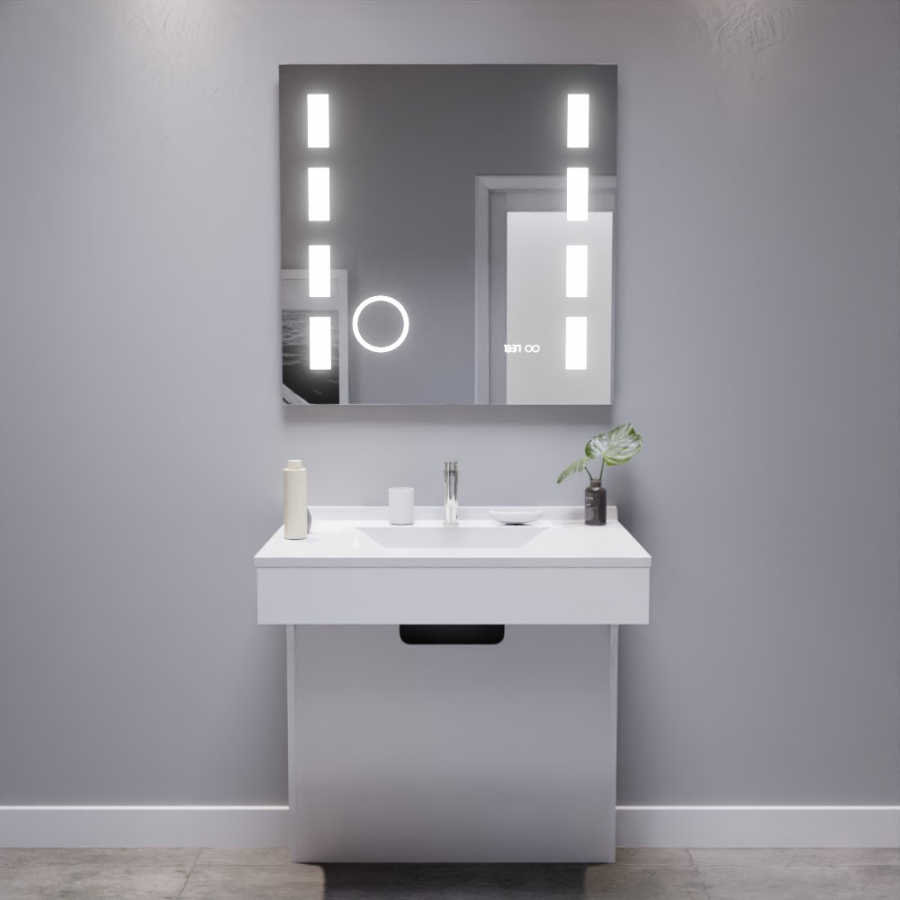 Ensemble de salle de bain avec meuble adapté PMR collection EPURE blanc brillant 80 cm de largeur plan simple vasque blanc et miroir LED collection Excellence