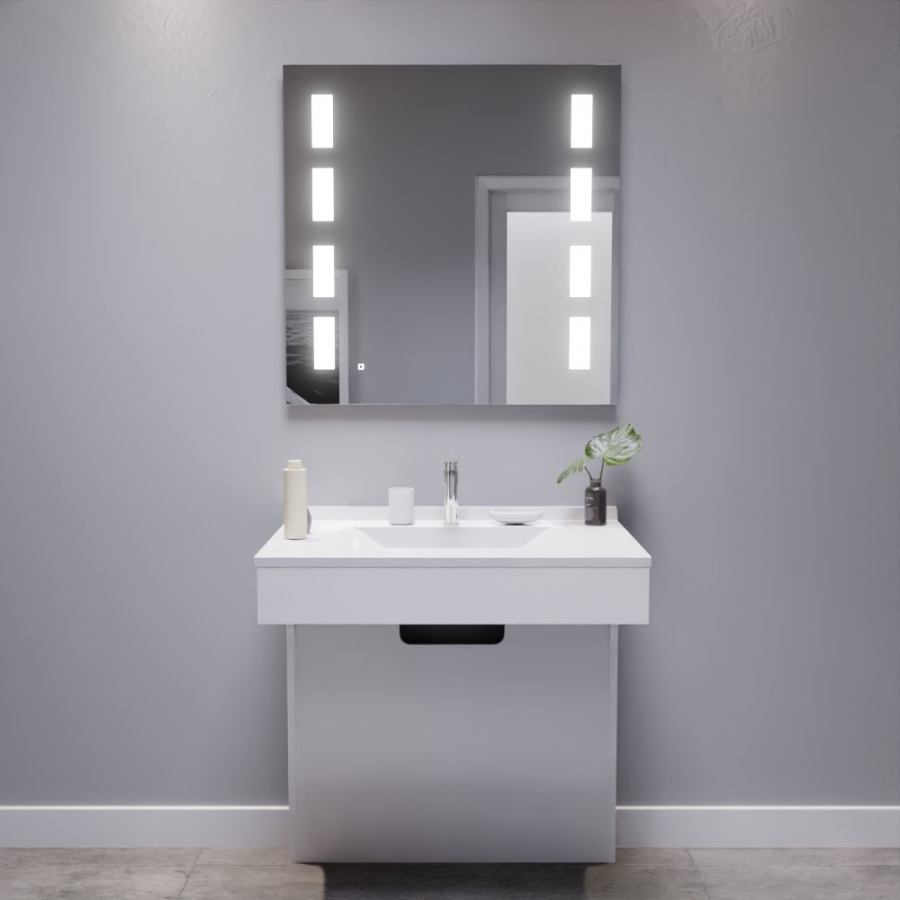 Ensemble de salle de bain avec meuble adapté PMR collection EPURE blanc brillant 80 cm de largeur plan simple vasque blanc et miroir LED collection Prestige