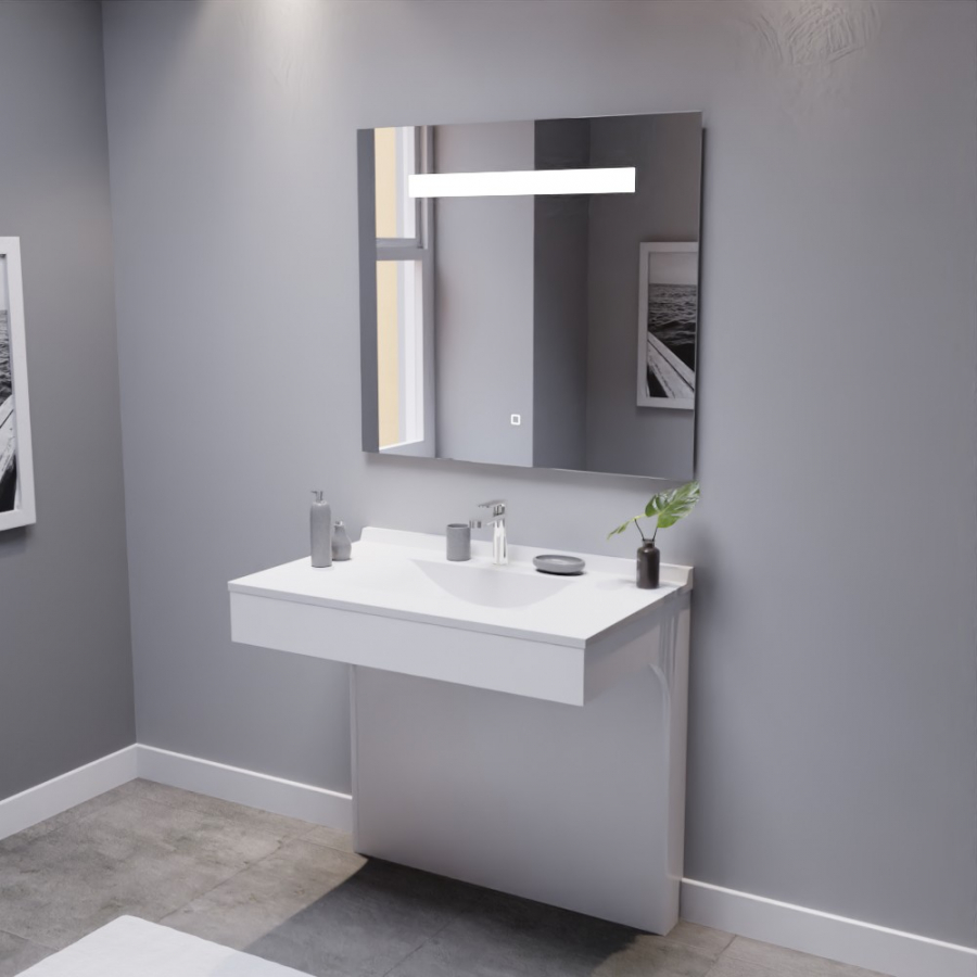 Ensemble de salle de bain avec meuble adapté PMR collection EPURE blanc brillant 90 cm de largeur plan vasque et miroir LED collection Elegance 