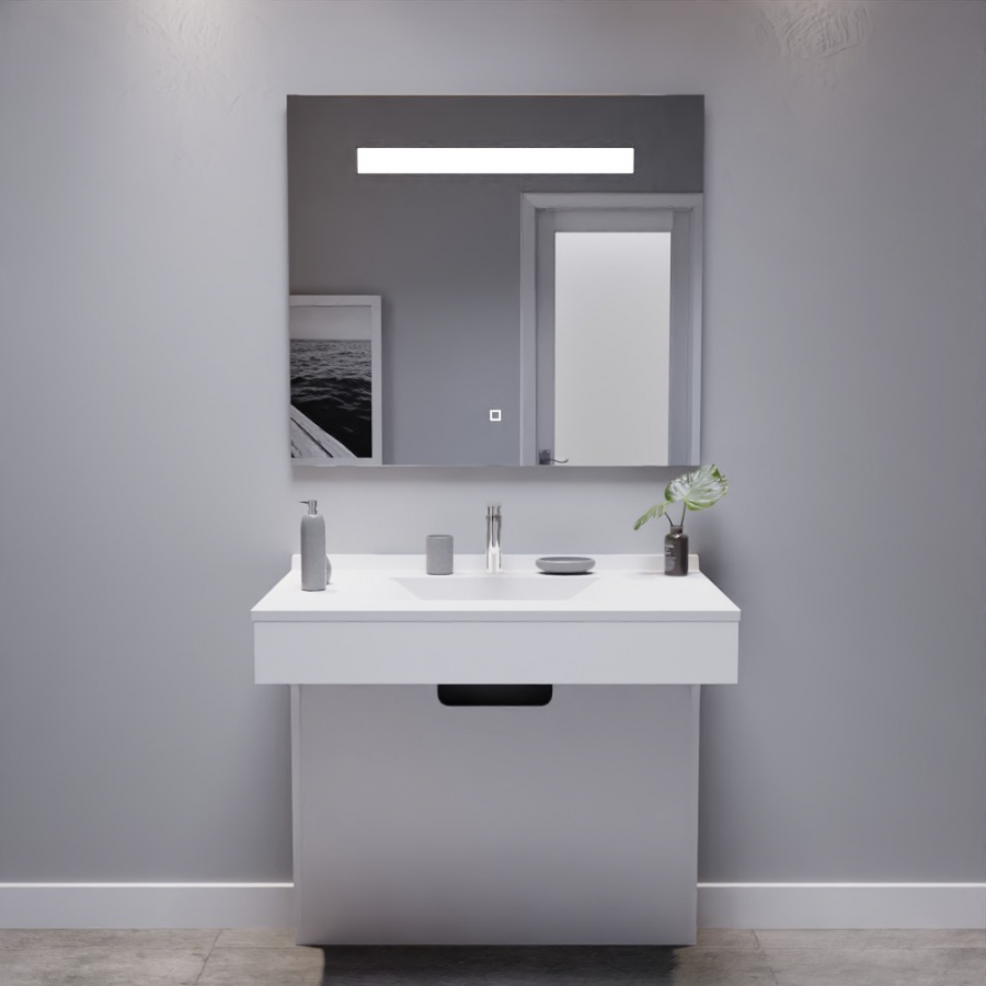 Ensemble de salle de bain avec meuble adapté PMR collection EPURE blanc brillant 90 cm de largeur plan vasque et miroir LED collection Elegance 