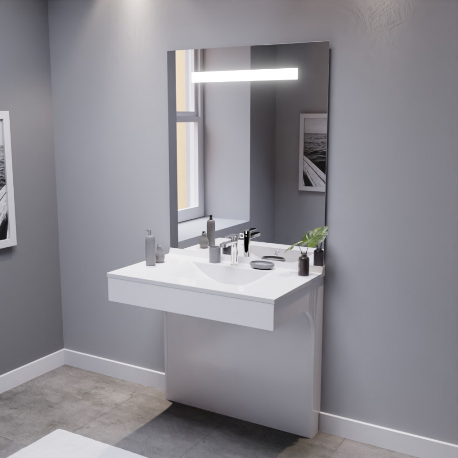 Ensemble de salle de bain avec meuble adapté PMR collection EPURE blanc brillant 90 cm de largeur plan vasque et miroir LED collection Elegance grande hauteur
