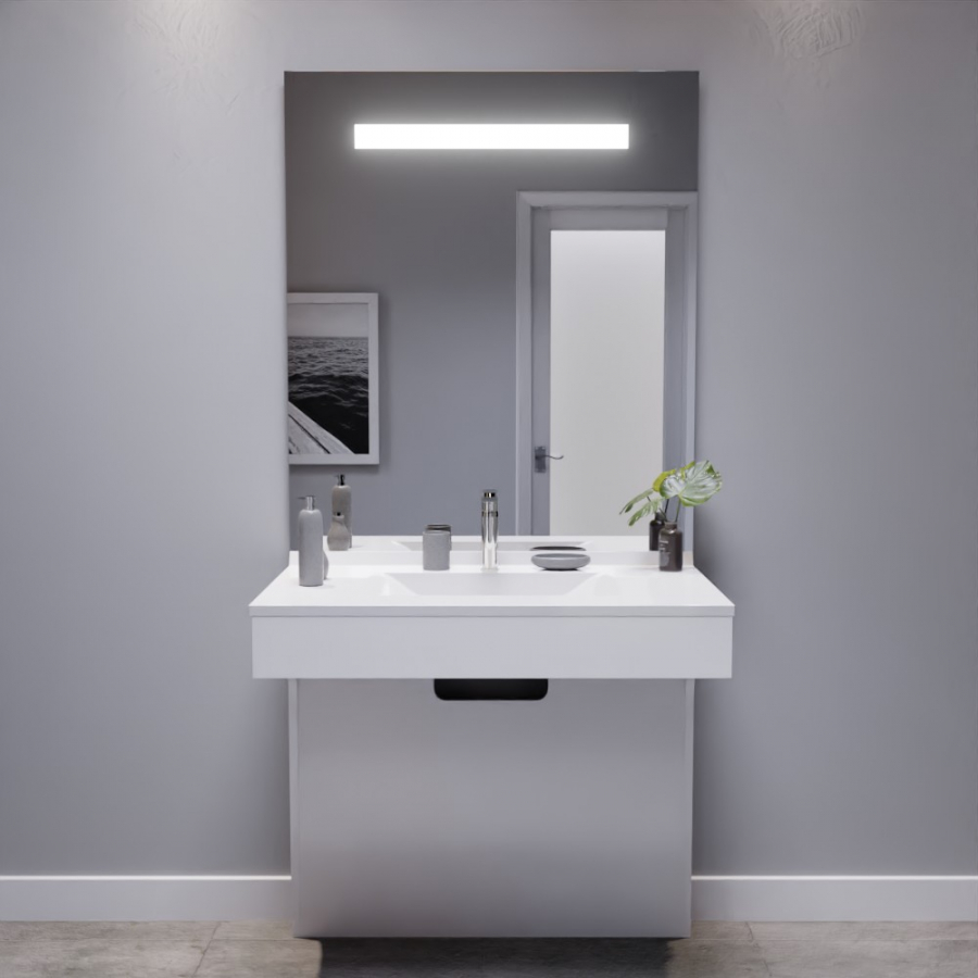 Ensemble de salle de bain avec meuble adapté PMR collection EPURE blanc brillant 90 cm de largeur plan vasque et miroir LED collection Elégance grande hauteur