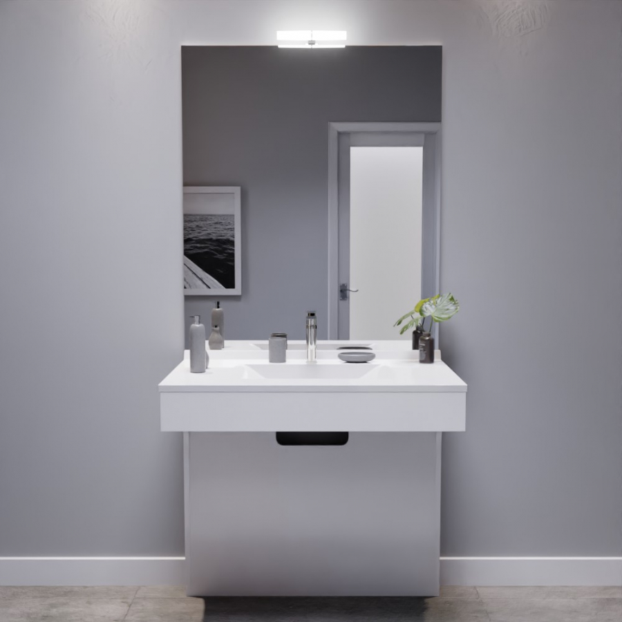 Ensemble de salle de bain avec meuble adapté PMR collection EPURE blanc brillant 90 cm de largeur plan vasque et miroir Mircoline avec applique LED