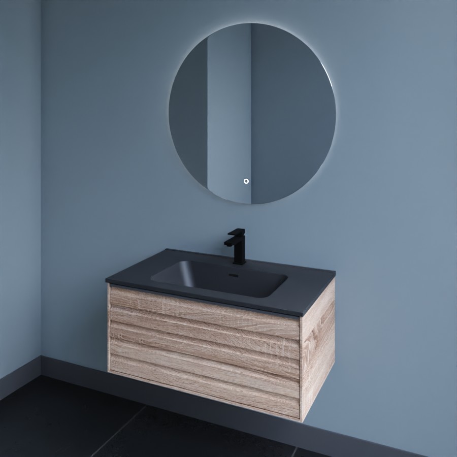 Meuble salle de bain coloris bois avec plan simple vasque noir mat et miroir lumineux rond Fazzio 80 cm