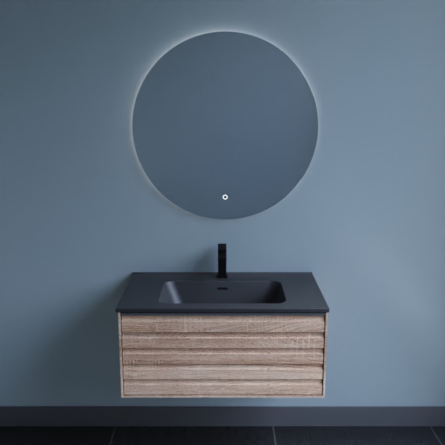 Meuble salle de bain coloris bois avec plan simple vasque noir mat et miroir lumineux rond Fazzio 80 cm