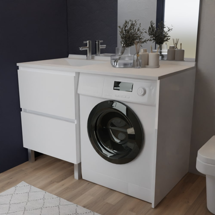 Ensemble IDEA meuble salle de bain spécial lave-linge 124 cm - blanc vasque à gauche