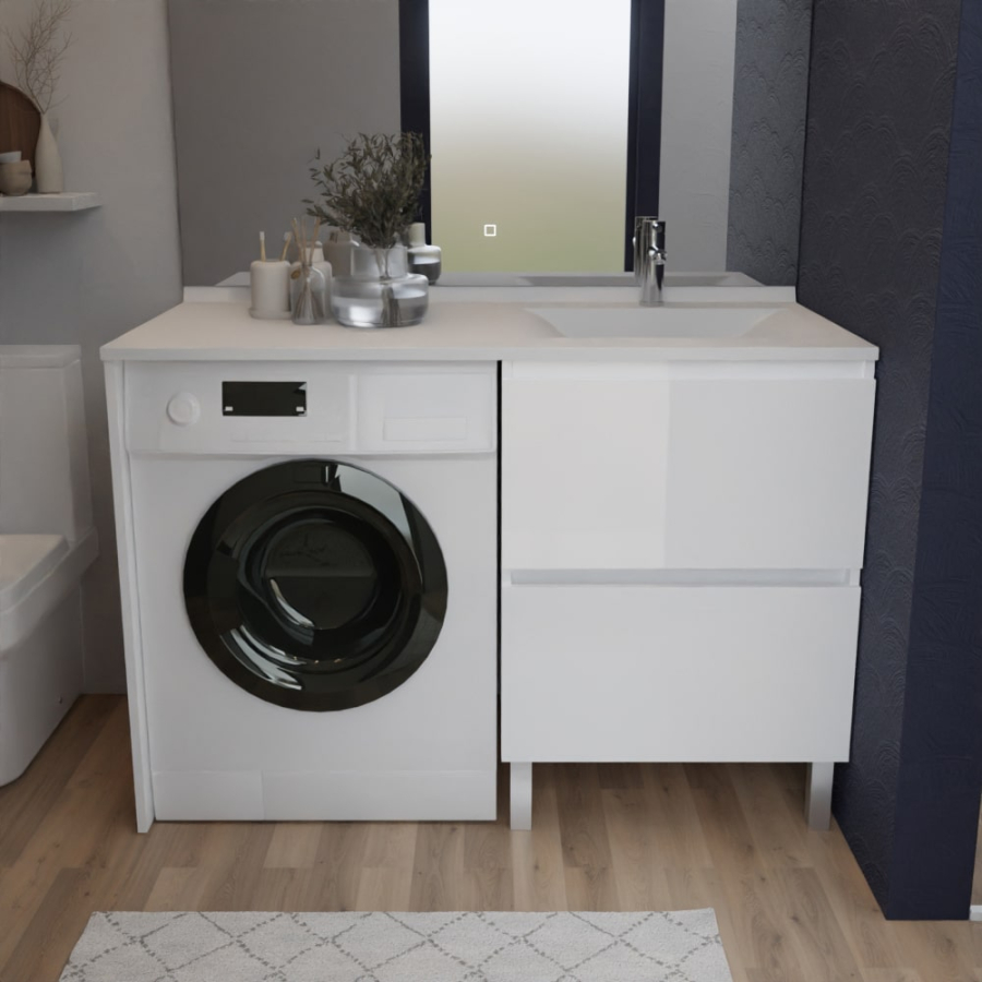 Ensemble IDEA meuble salle de bain spécial lave-linge 124 cm - blanc vasque à droite