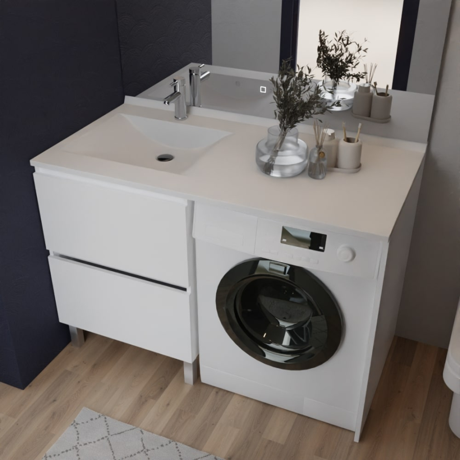 Ensemble IDEA meuble salle de bain spécial lave-linge 124 cm - blanc vasque à gauche