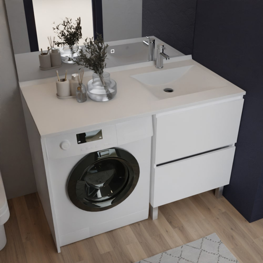 Ensemble IDEA meuble salle de bain spécial lave-linge 124 cm - blanc vasque à droite