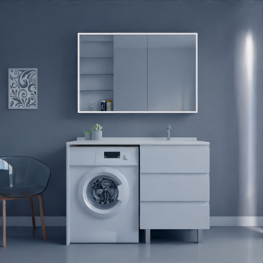 Ensemble meuble salle de bain spécial lave-linge KORA couleur blanc avec miroir armiled