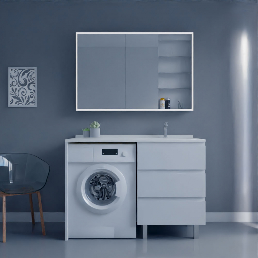Ensemble meuble salle de bain spécial lave-linge KORA couleur blanc avec miroir armiled