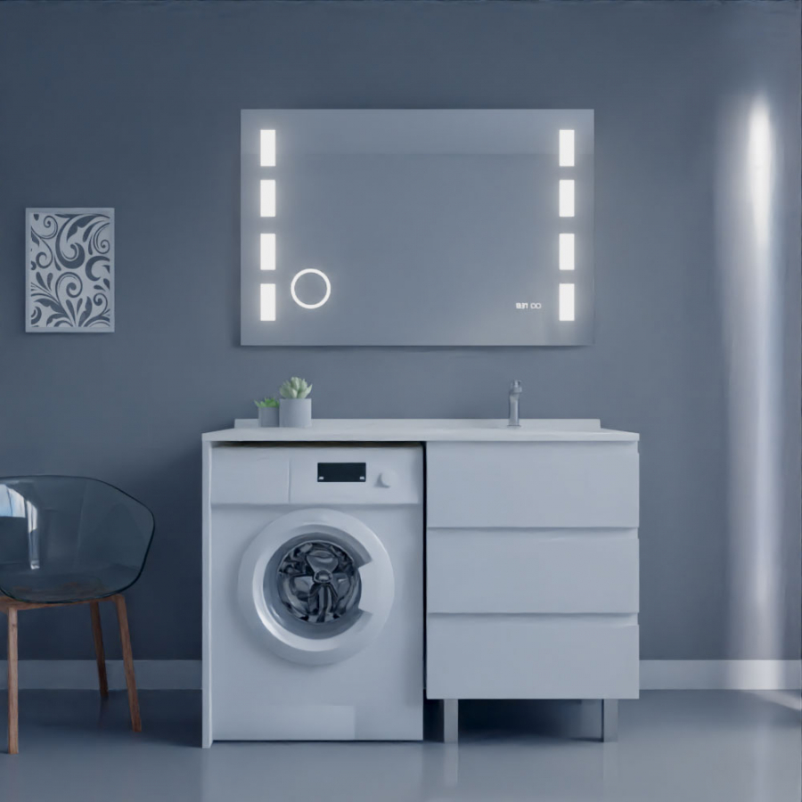 Ensemble meuble salle de bain spécial lave-linge KORA couleur blanc avec miroir Excellence