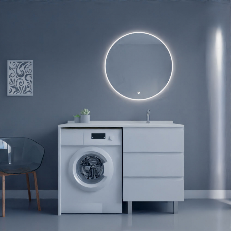 Ensemble meuble salle de bain spécial lave-linge KORA couleur blanc avec miroir Onde