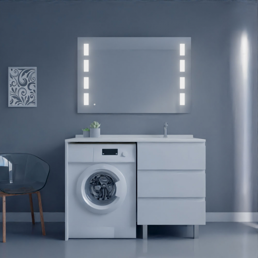 Ensemble meuble salle de bain spécial lave-linge KORA couleur blanc avec miroir Prestige
