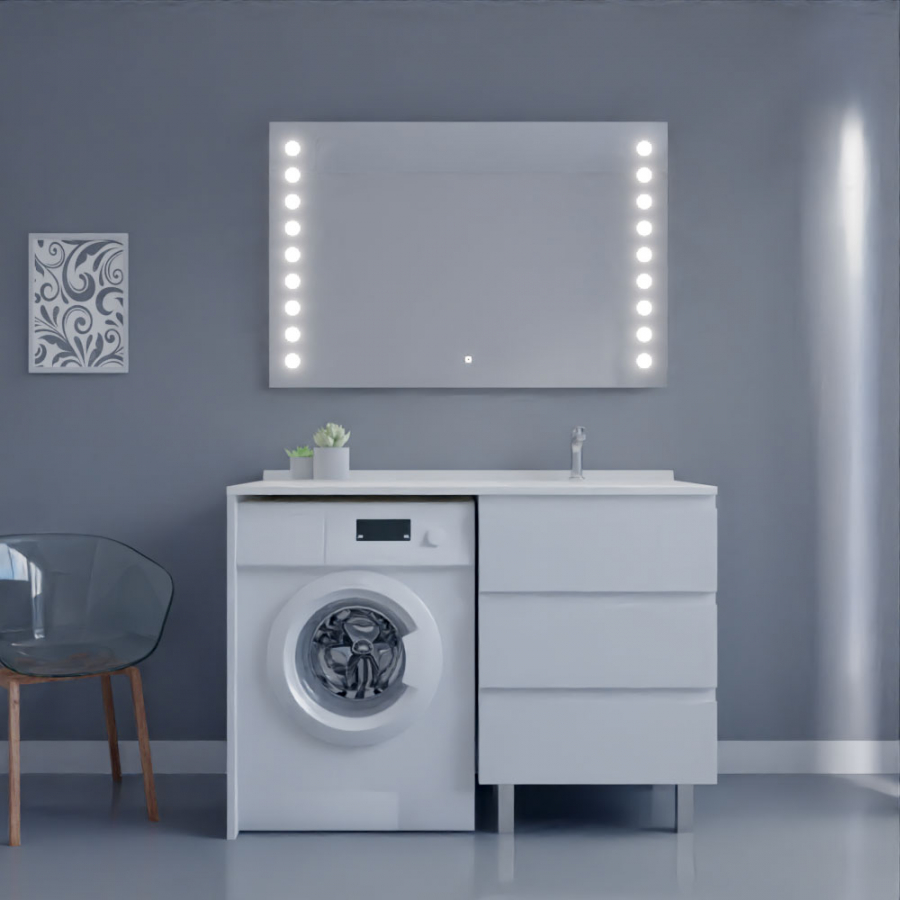 Ensemble meuble salle de bain spécial lave-linge KORA couleur blanc avec miroir Starled