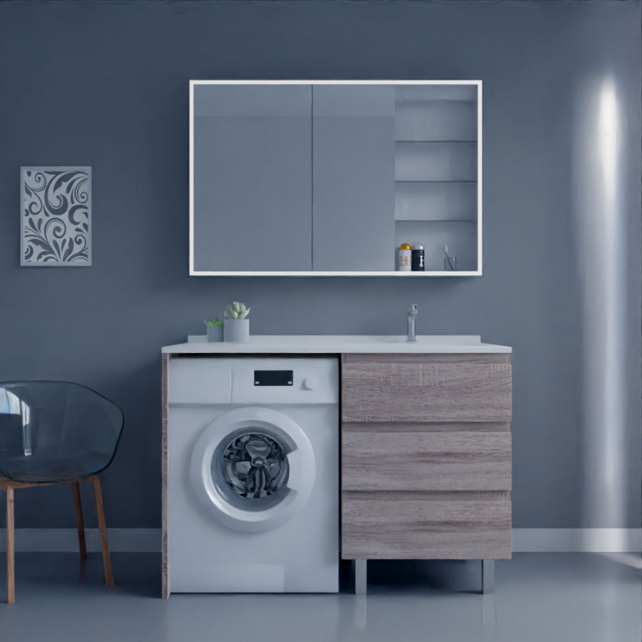 Ensemble meuble salle de bain spécial lave-linge KORA couleur bois avec miroir armiled