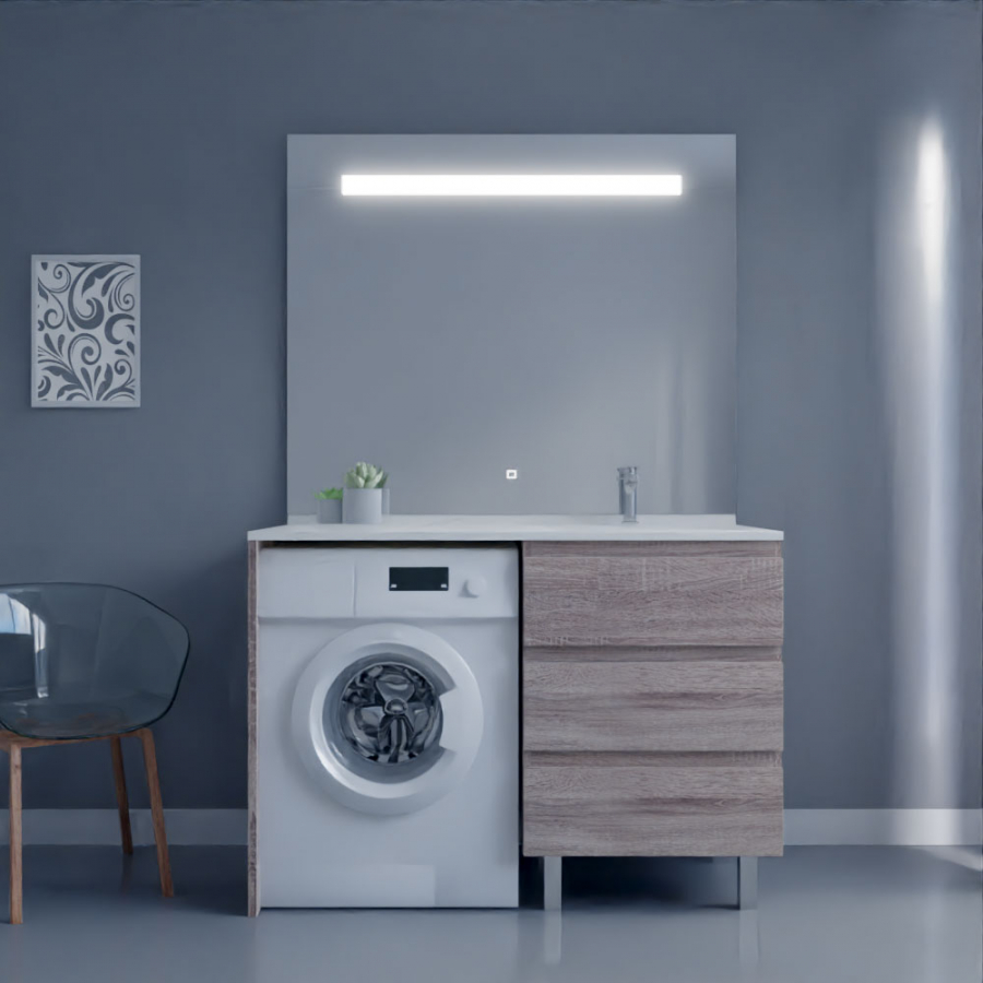 Ensemble meuble salle de bain spécial lave-linge KORA couleur bois avec miroir Elegance