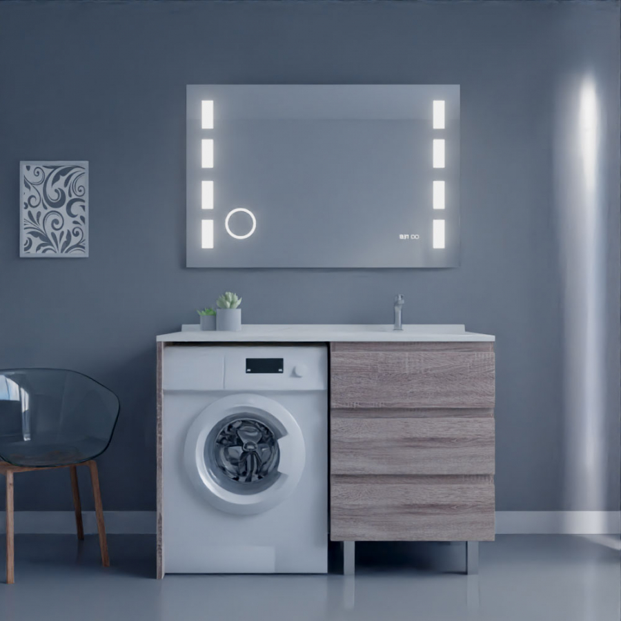 Ensemble meuble salle de bain spécial lave-linge KORA couleur bois avec miroir Excellence