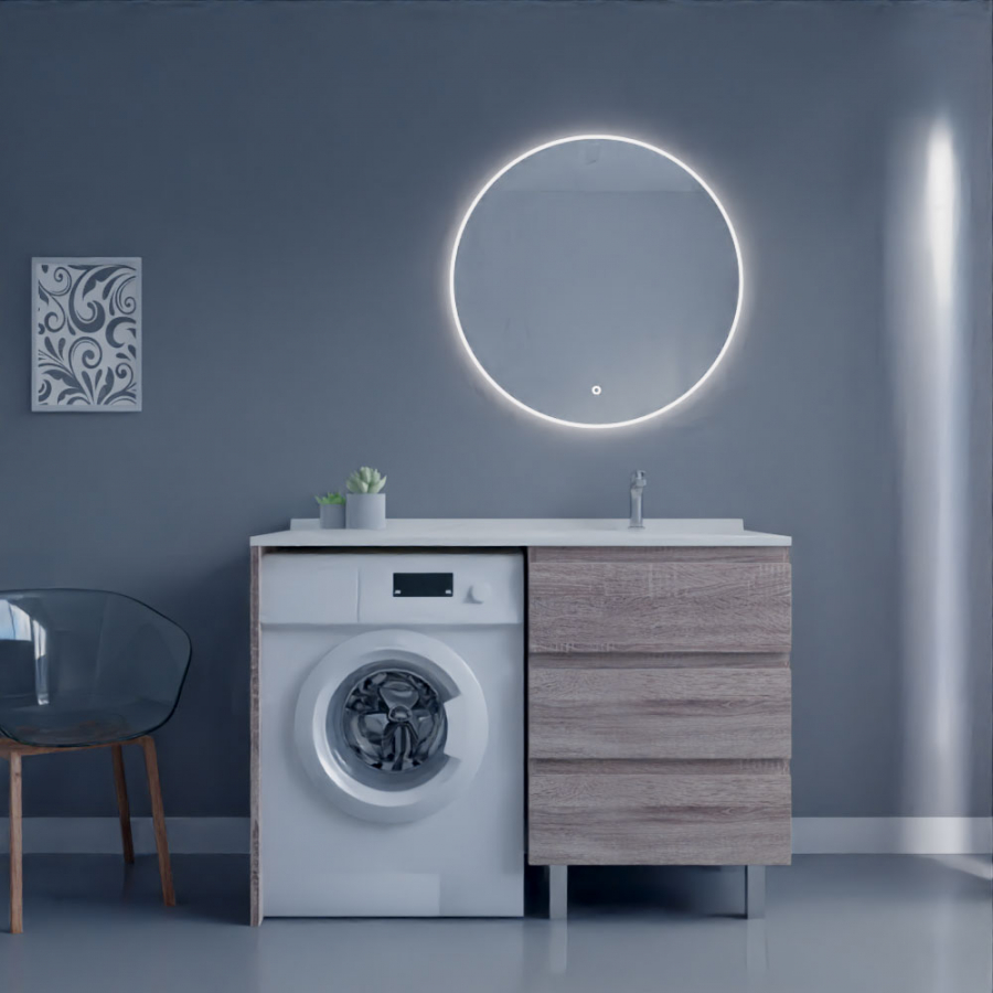 Ensemble meuble salle de bain spécial lave-linge KORA couleur bois avec miroir Onde