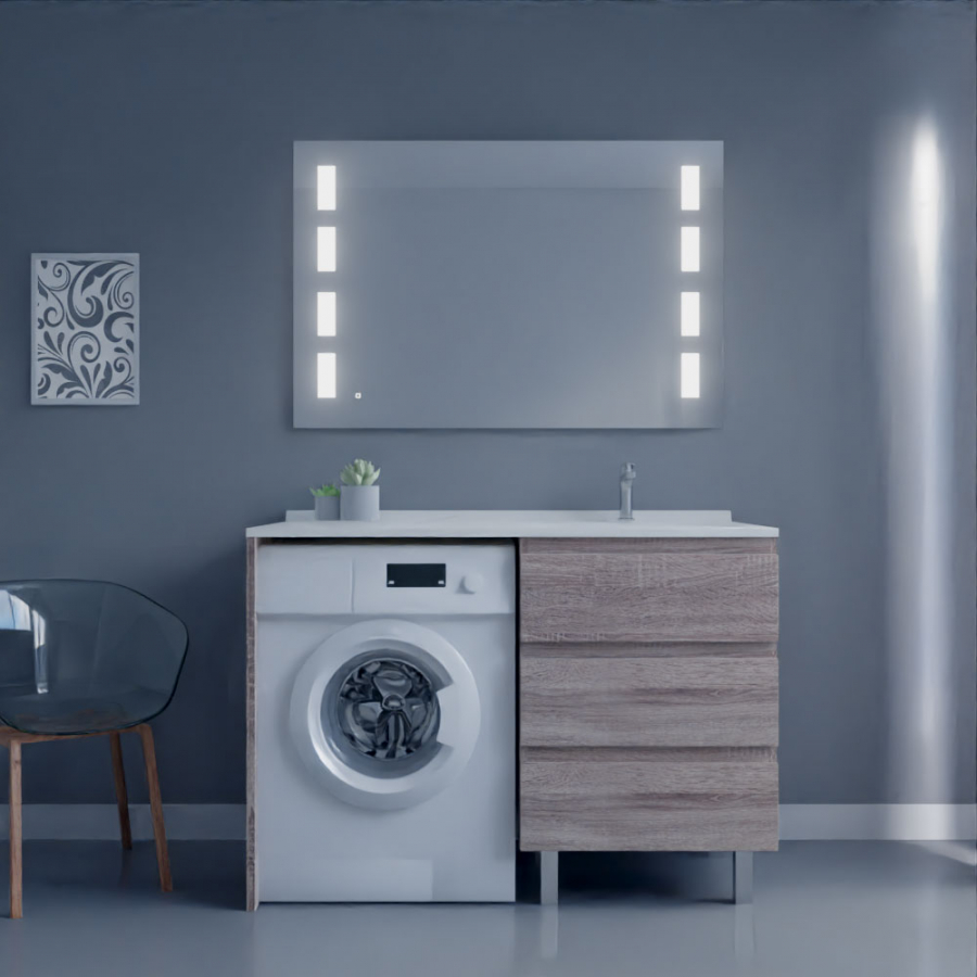 Ensemble meuble salle de bain spécial lave-linge KORA couleur bois avec miroir Prestige