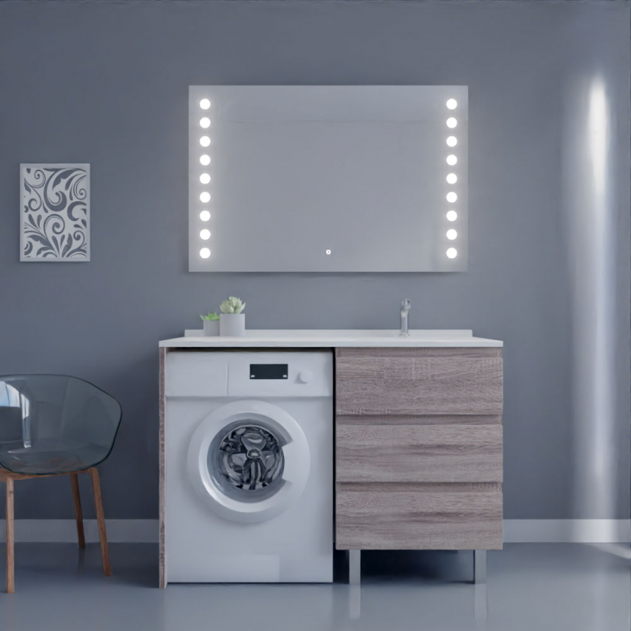 Ensemble meuble salle de bain spécial lave-linge KORA couleur bois avec miroir Starled