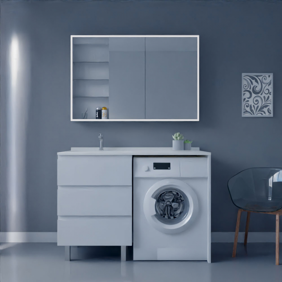 Ensemble meuble salle de bain spécial lave-linge KORA couleur blanc avec miroir armiled