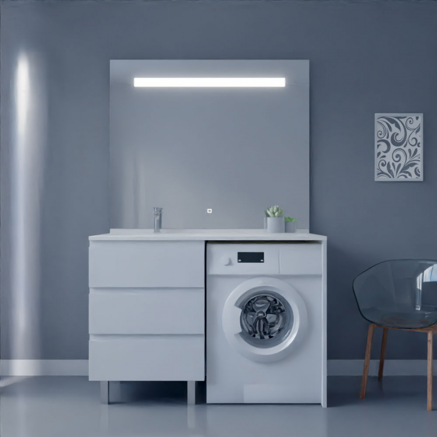 Ensemble meuble salle de bain spécial lave-linge KORA couleur blanc avec miroir Elegance