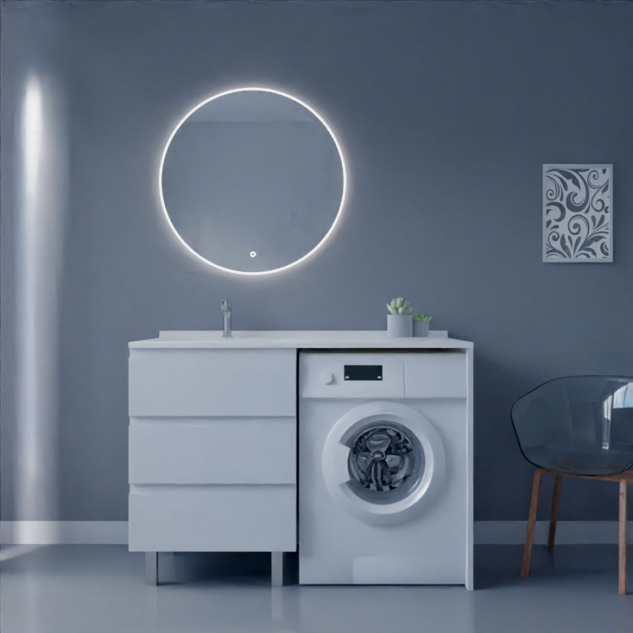 Ensemble meuble salle de bain spécial lave-linge KORA couleur blanc avec miroir Onde