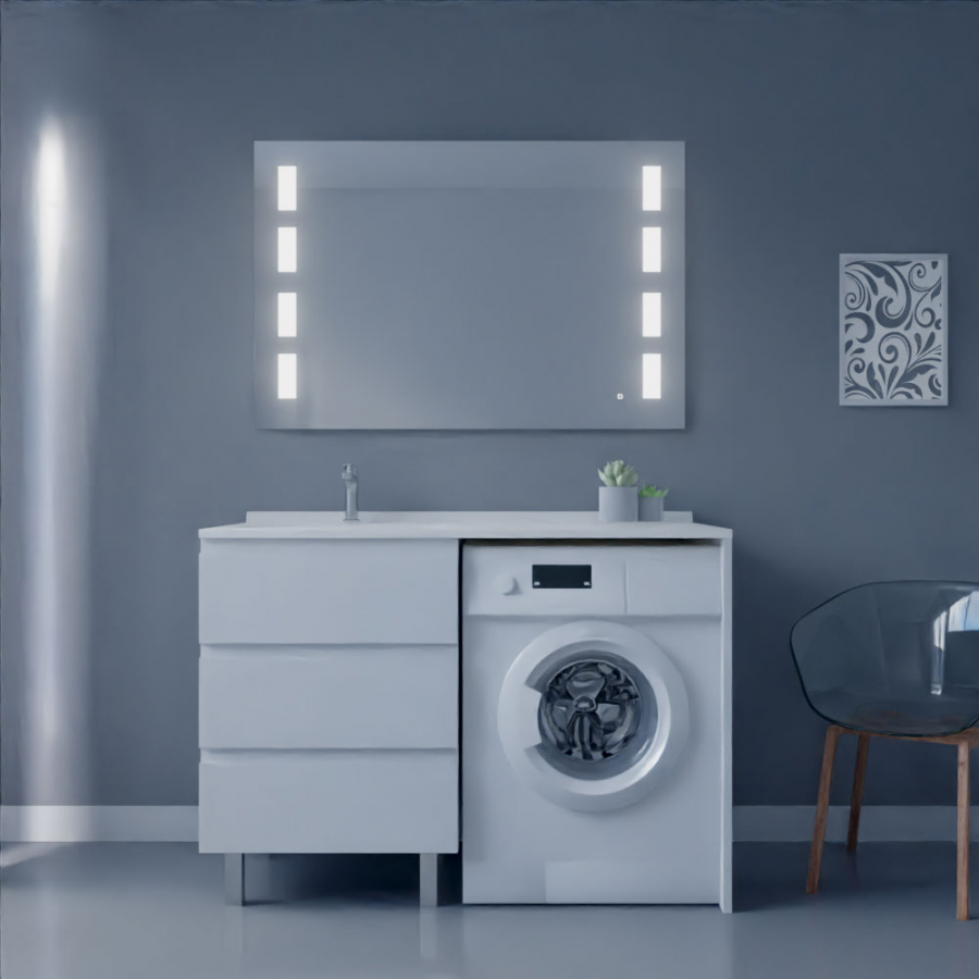 Ensemble meuble salle de bain spécial lave-linge KORA couleur blanc avec miroir Prestige
