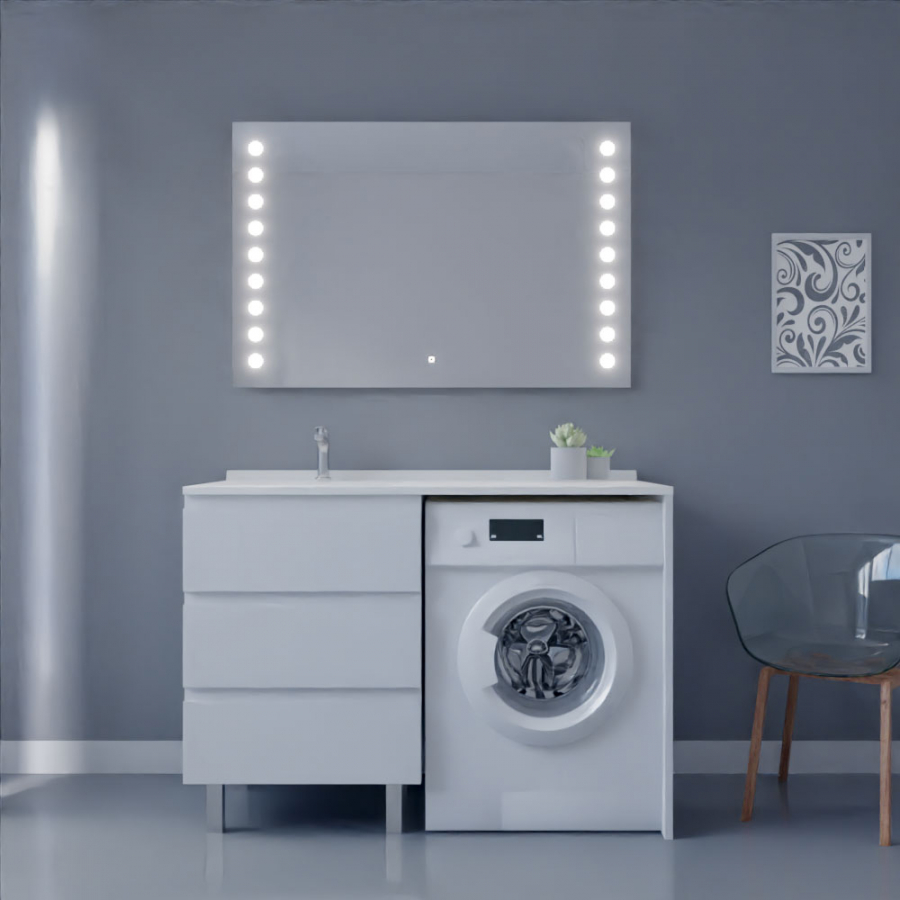 Ensemble meuble salle de bain spécial lave-linge KORA couleur blanc avec miroir Starled