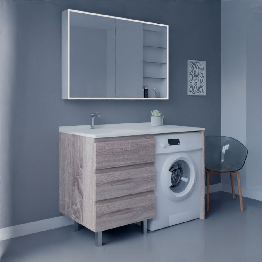 Ensemble meuble salle de bain spécial lave-linge KORA couleur bois avec miroir armiled vue de cote