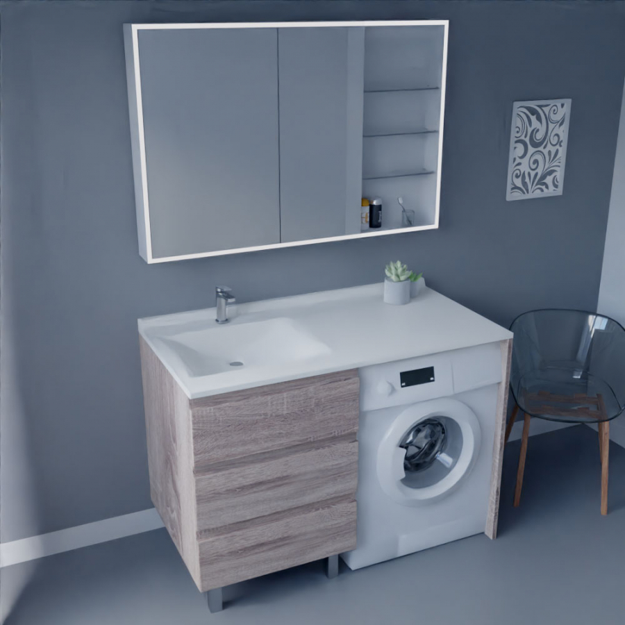 Ensemble meuble salle de bain spécial lave-linge KORA couleur bois avec miroir armiled vue dessus