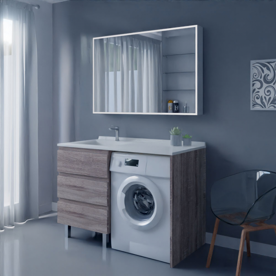 Ensemble meuble salle de bain spécial lave-linge KORA couleur bois avec miroir armiled vue de cote