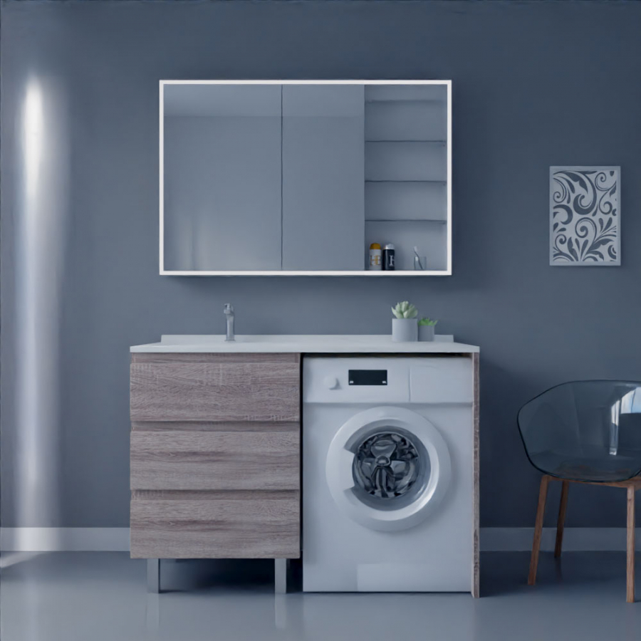 Ensemble meuble salle de bain spécial lave-linge KORA couleur bois avec miroir armiled