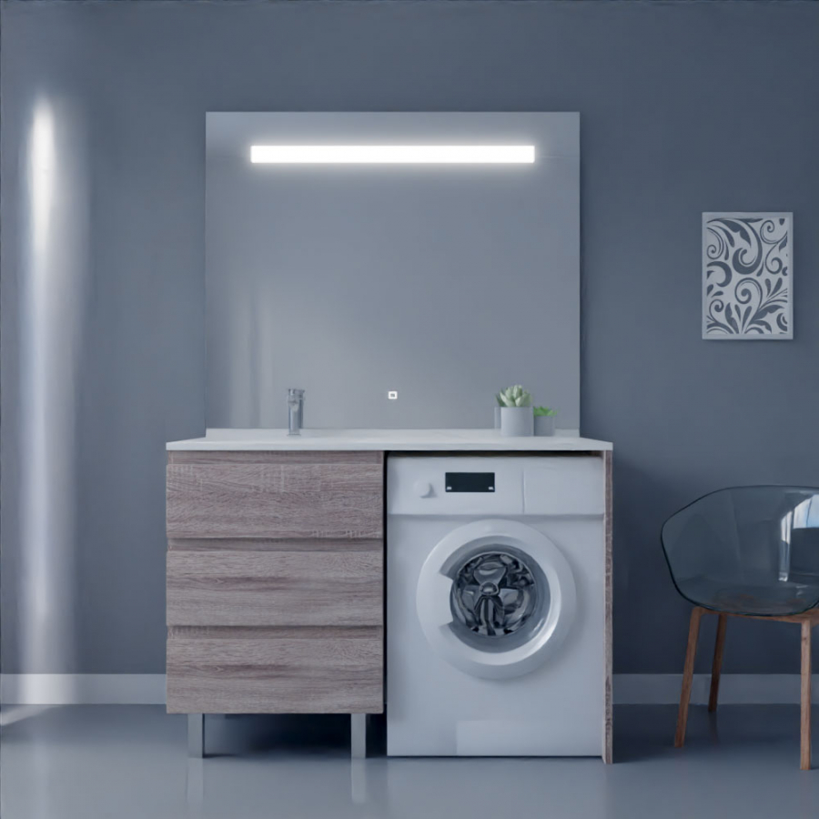 Ensemble meuble salle de bain spécial lave-linge KORA couleur bois avec miroir Elegance